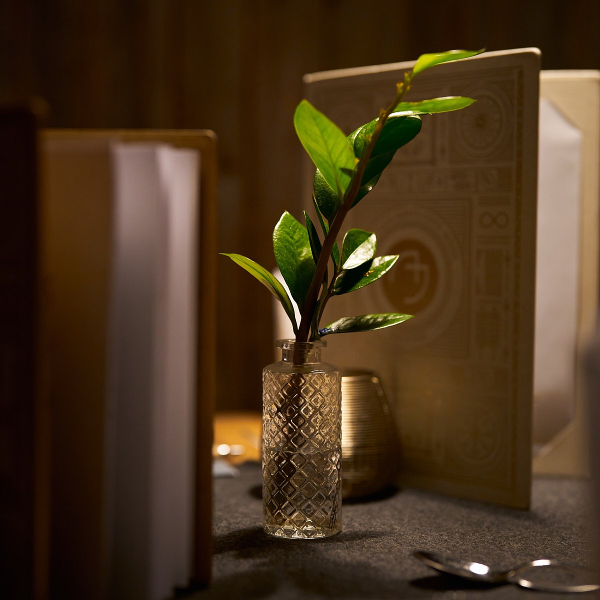 Atmosphärische Imagefotografie eines stilvollen Restaurant Interiors mit dekorativer Vase und warmem Licht für elegantes Markenerlebnis