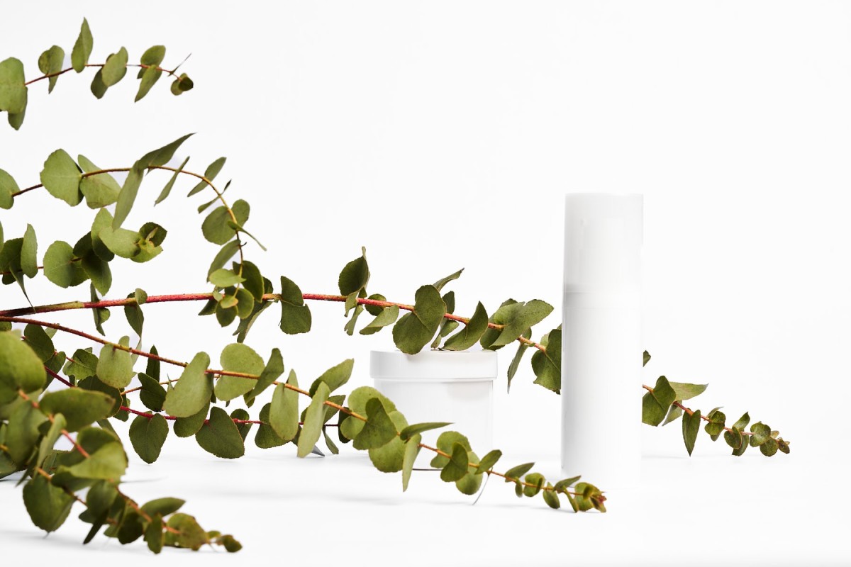 Produktfotografie von Kosmetik Mockup mit Tiegel und Flakon, kombiniert mit Eukalyptus, cleanes Studio Setup für Beauty Branding